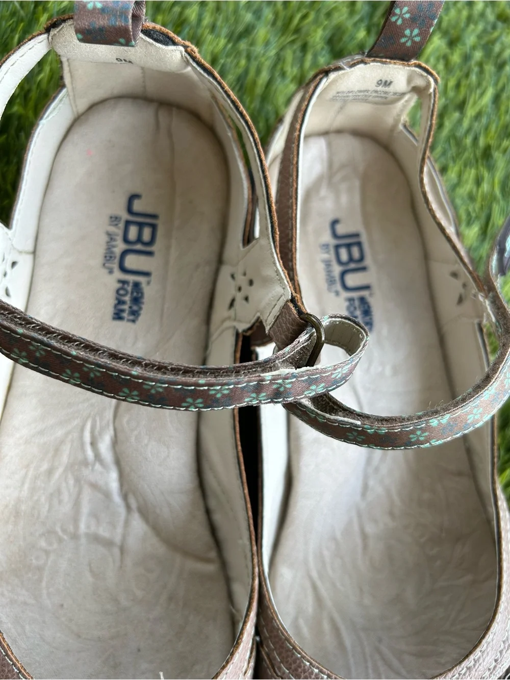 JBU brown Floral Cutout Mary Jane Flats with Metallic Strap